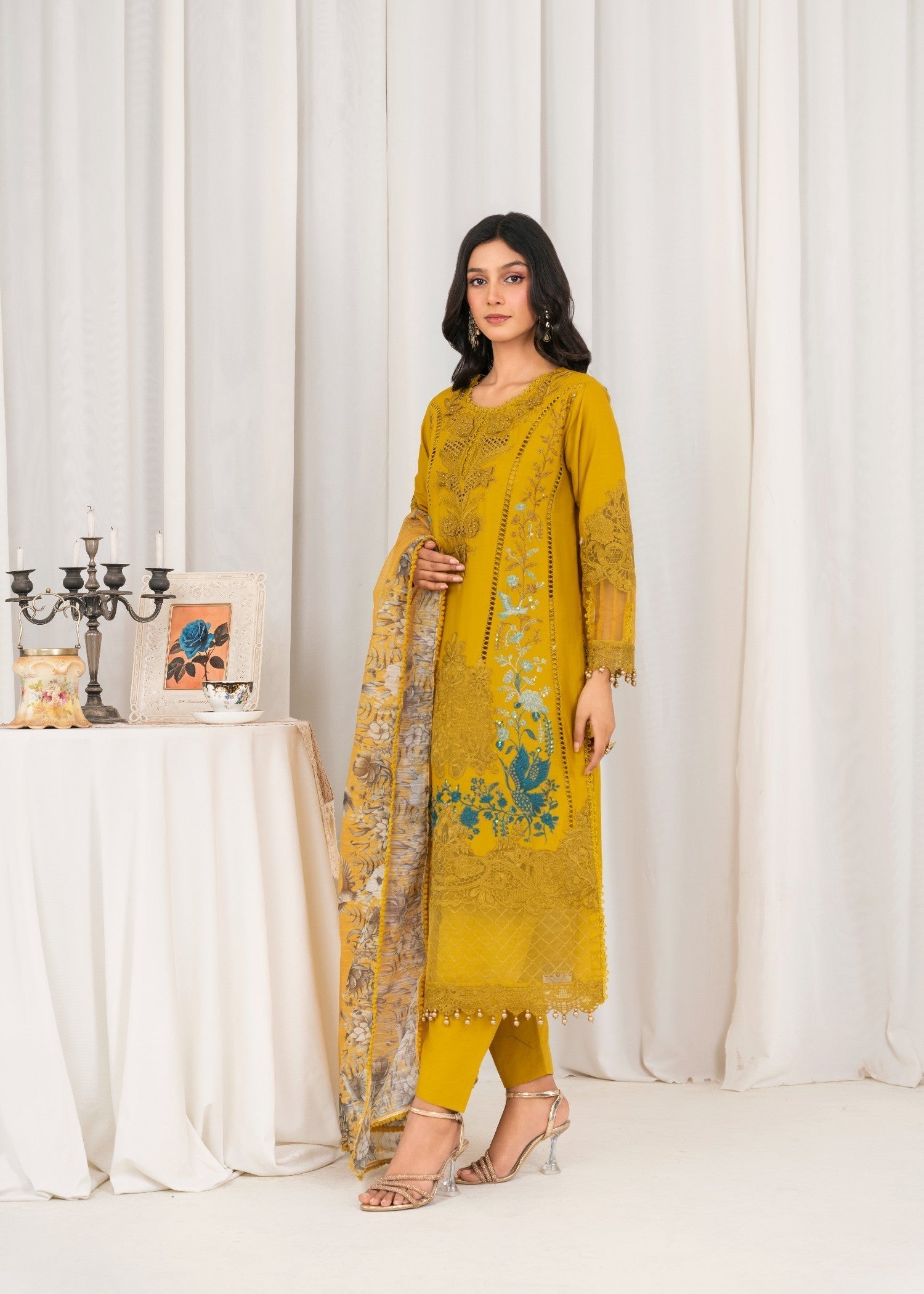 Khubsurat 3804 KH CT Mustard Embroidery Long Shirt Cotton Women 3pcs