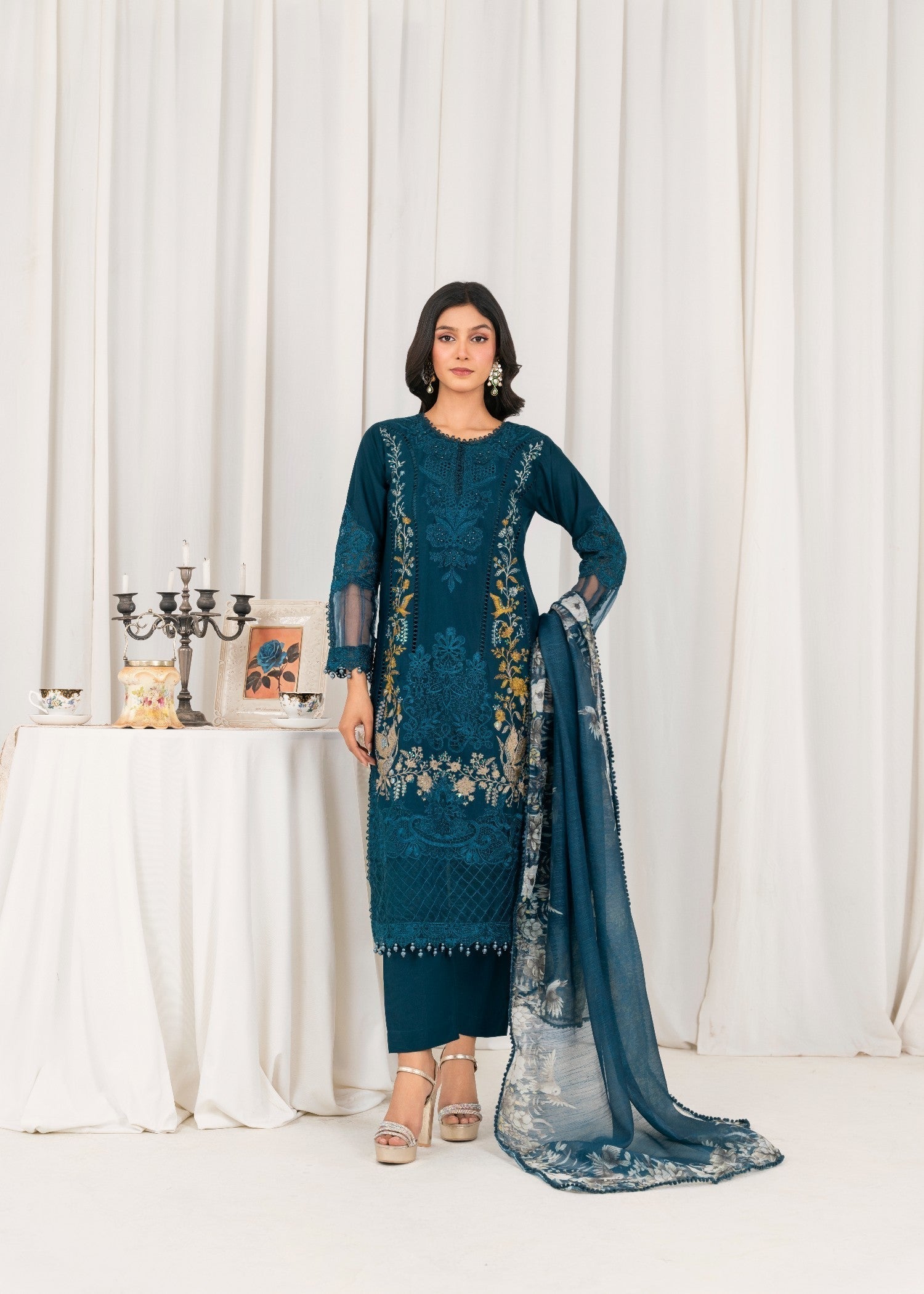 Khubsurat 3804 KH CT Teal Embroidery Long Shirt Cotton Women 3pcs