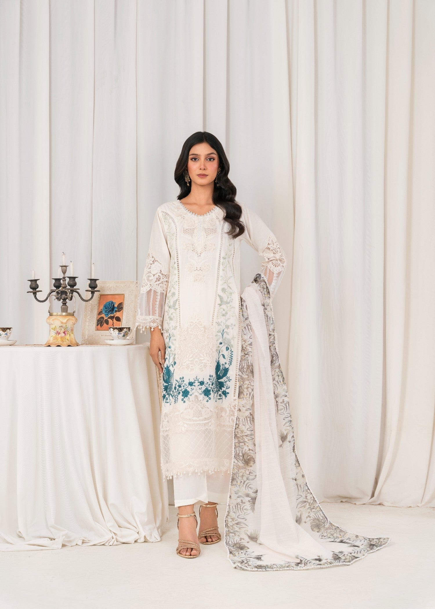 Khubsurat 3804 KH CT Off White Embroidery Long Shirt Cotton Women 3pcs