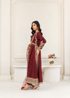 Khubsurat 4008 KH S.KTN Maroon Embroidery Long A line Frock Khadi Net Women 3pcs