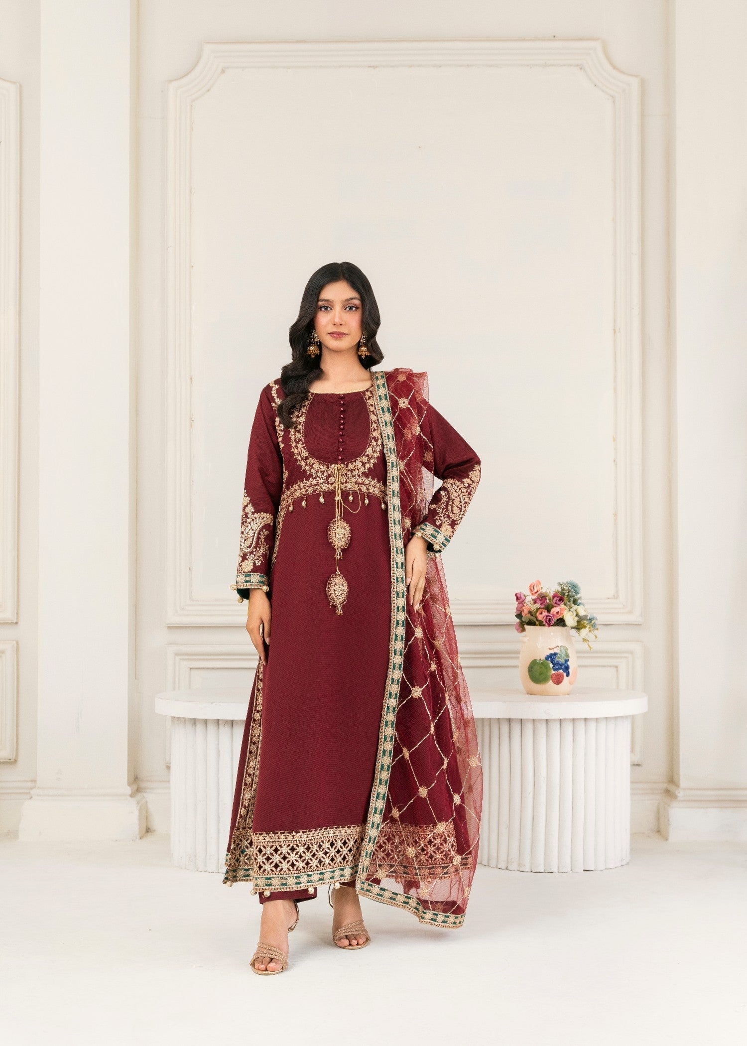 Khubsurat 4008 KH S.KTN Maroon Embroidery Long A line Frock Khadi Net Women 3pcs