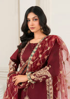 Khubsurat 4008 KH S.KTN Maroon Embroidery Long A line Frock Khadi Net Women 3pcs