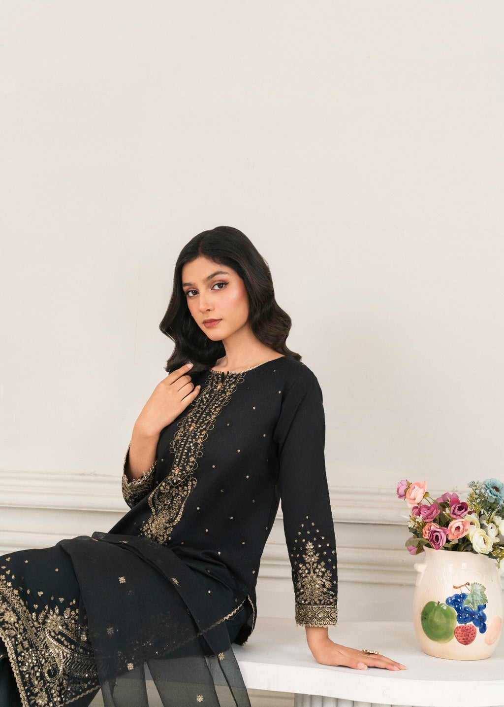 Khubsurat 4089 KH S.KTN Black Embroidery Shirt With Plazoo Khadi Net Women 3pcs