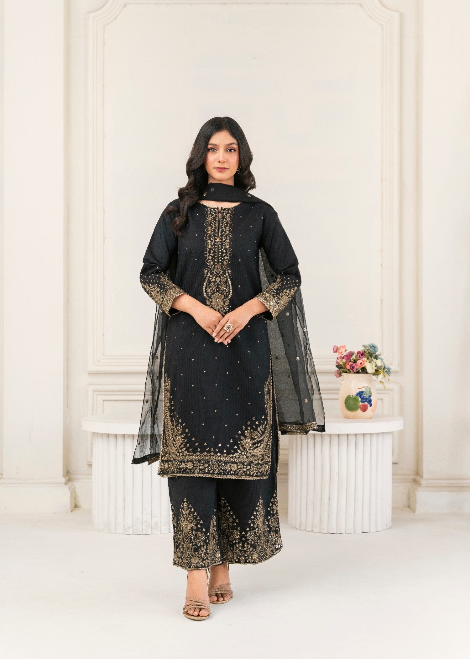 Khubsurat 4089 KH S.KTN Black Embroidery Shirt With Plazoo Khadi Net Women 3pcs