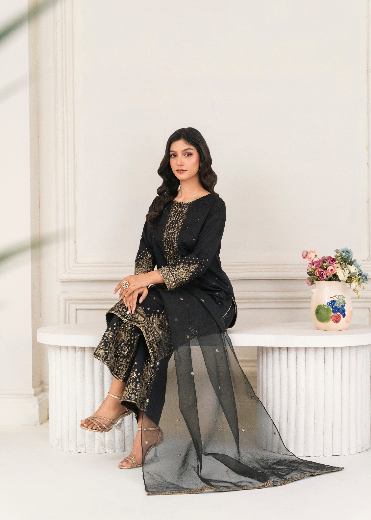 Khubsurat 4089 KH S.KTN Black Embroidery Shirt With Plazoo Khadi Net Women 3pcs