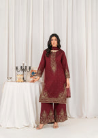 Khubsurat 4089 KH S.KTN Maroon Embroidery Shirt With Plazoo Khadi Net Women 3pcs