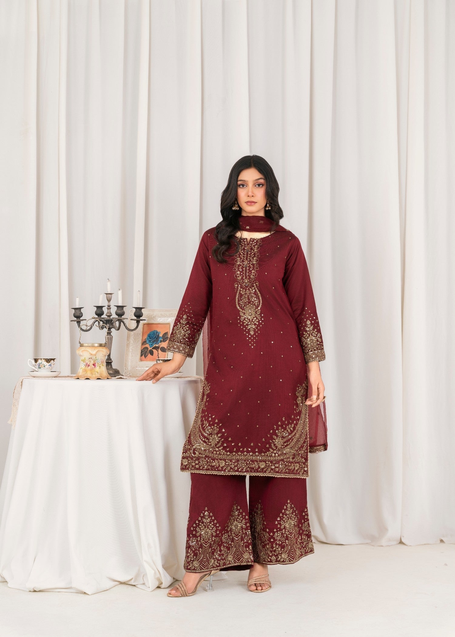 Khubsurat 4089 KH S.KTN Maroon Embroidery Shirt With Plazoo Khadi Net Women 3pcs