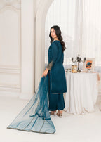 Khubsurat 4089 KH S.KTN Teal Embroidery Shirt With Plazoo Khadi Net Women 3pcs