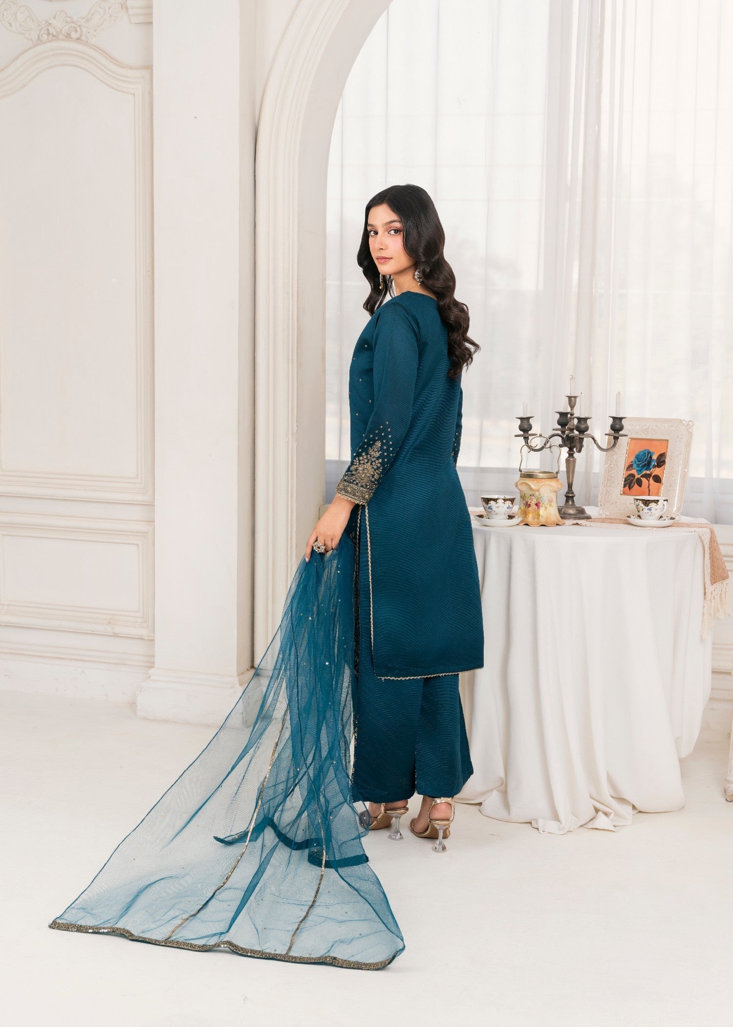 Khubsurat 4089 KH S.KTN Teal Embroidery Shirt With Plazoo Khadi Net Women 3pcs
