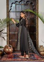 Khubsurat 4144 KH CT Black Embroidery Long A Line Frock Cotton Women 3pcs