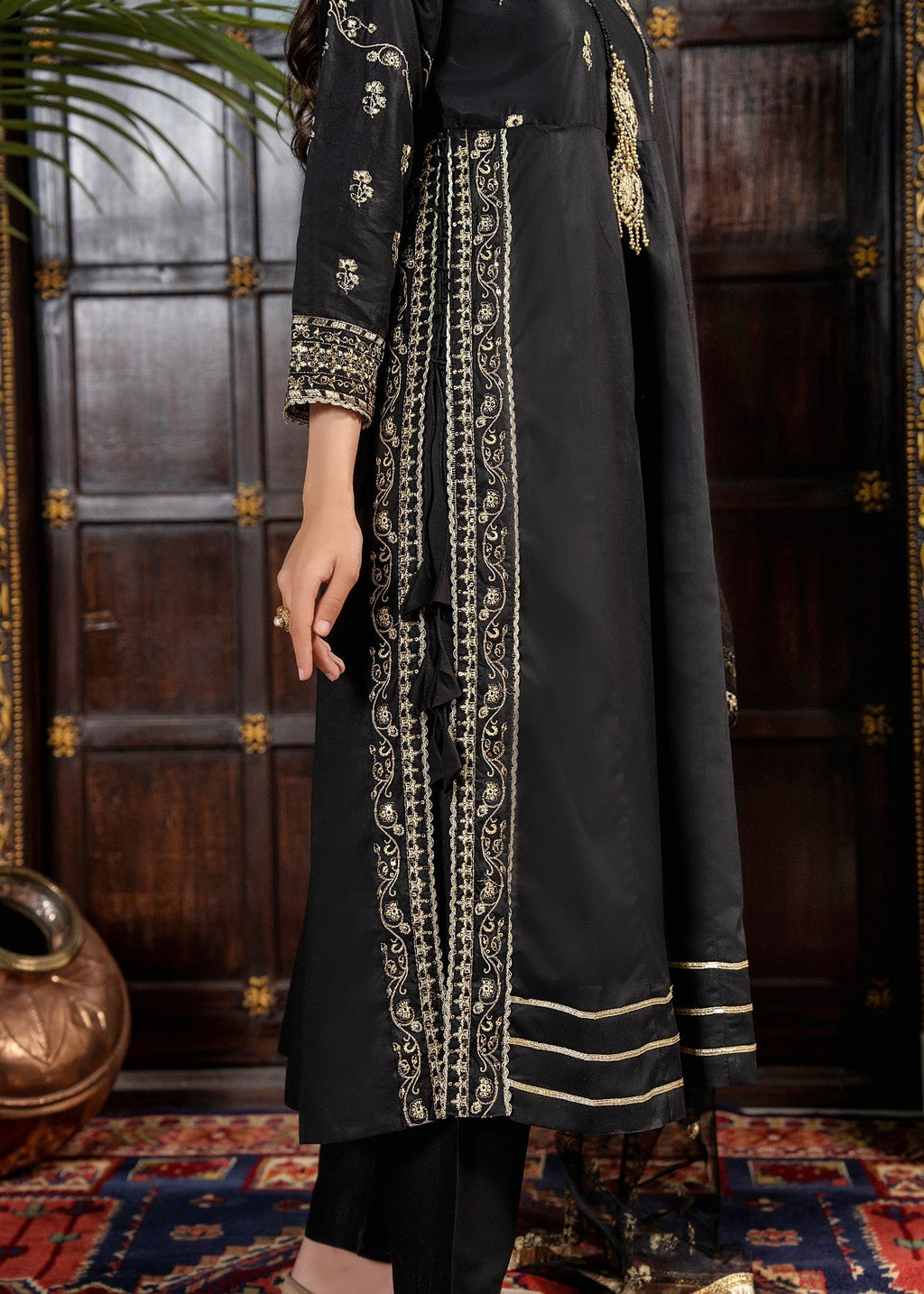 Khubsurat 4144 KH CT Black Embroidery Long A Line Frock Cotton Women 3pcs