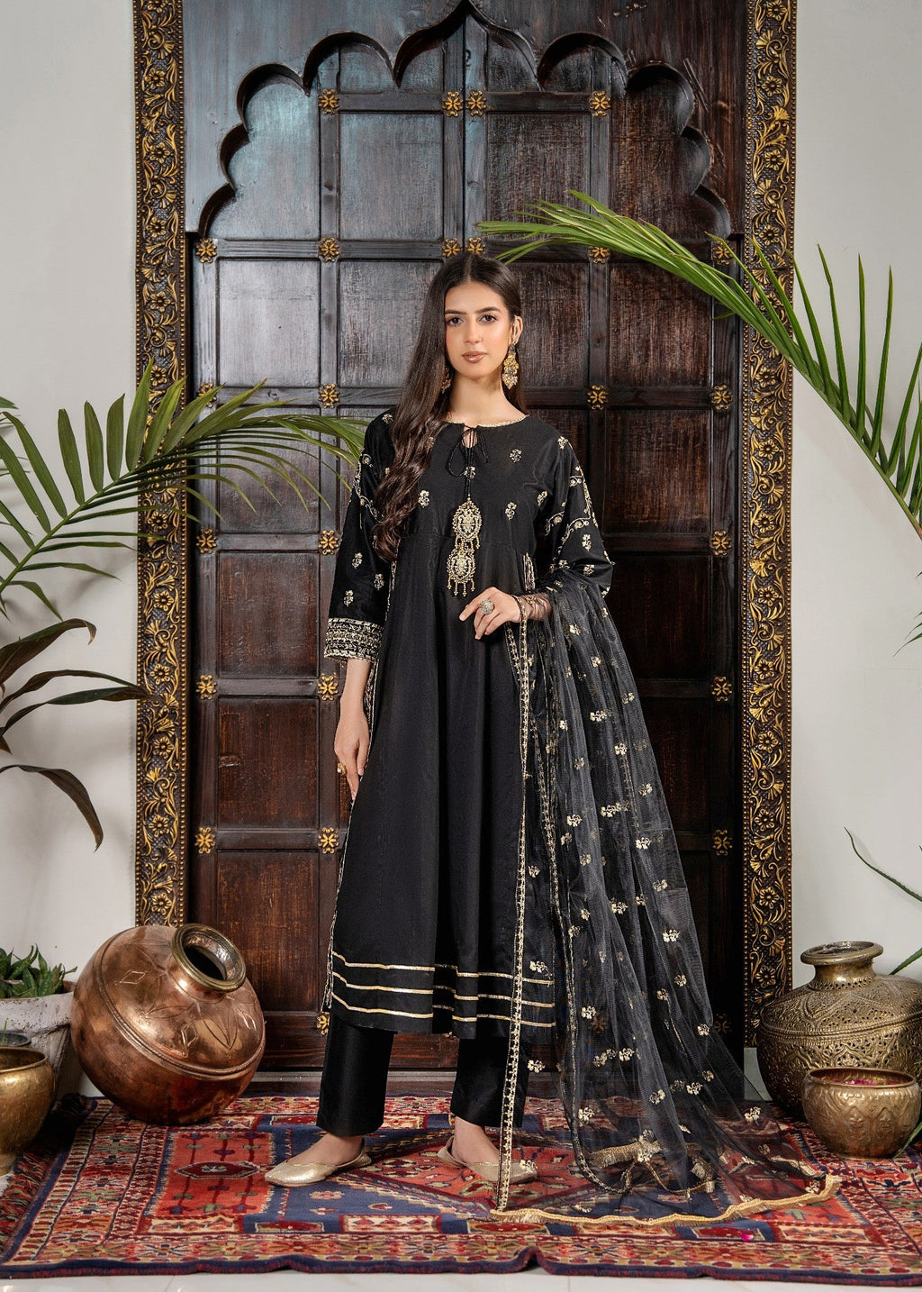 Khubsurat 4144 KH CT Black Embroidery Long A Line Frock Cotton Women 3pcs