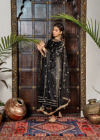 Khubsurat 4144 KH CT Black Embroidery Long A Line Frock Cotton Women 3pcs