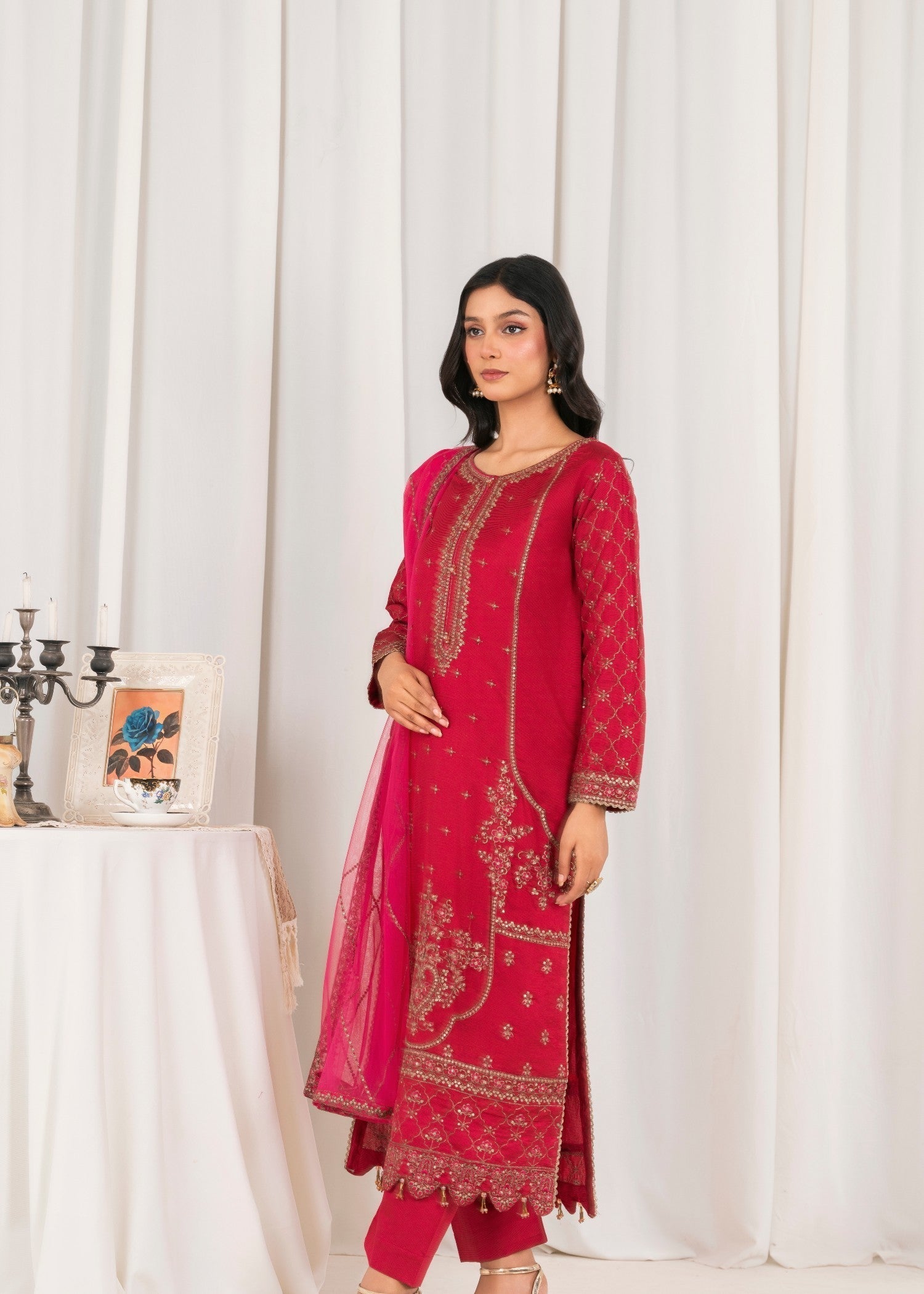 Khubsurat 4041 KH S.KTN Shocking Pink Embroidery Long Lenght Shirt Women 3pcs