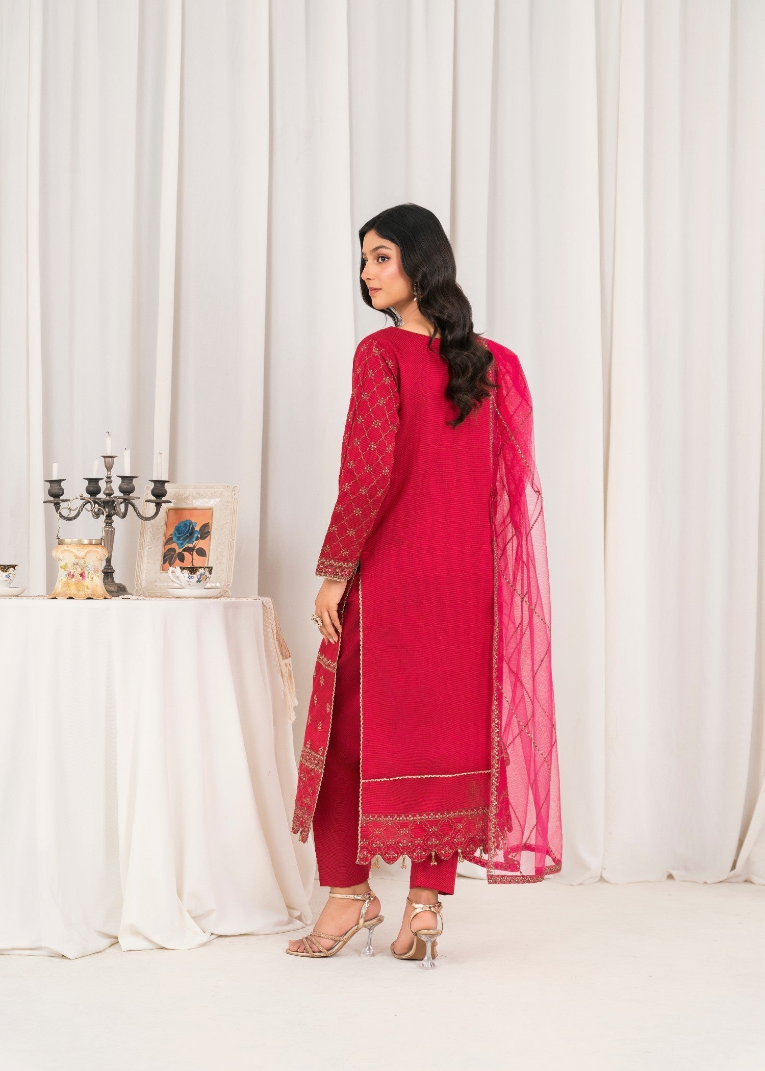 Khubsurat 4041 KH S.KTN Shocking Pink Embroidery Long Lenght Shirt Women 3pcs