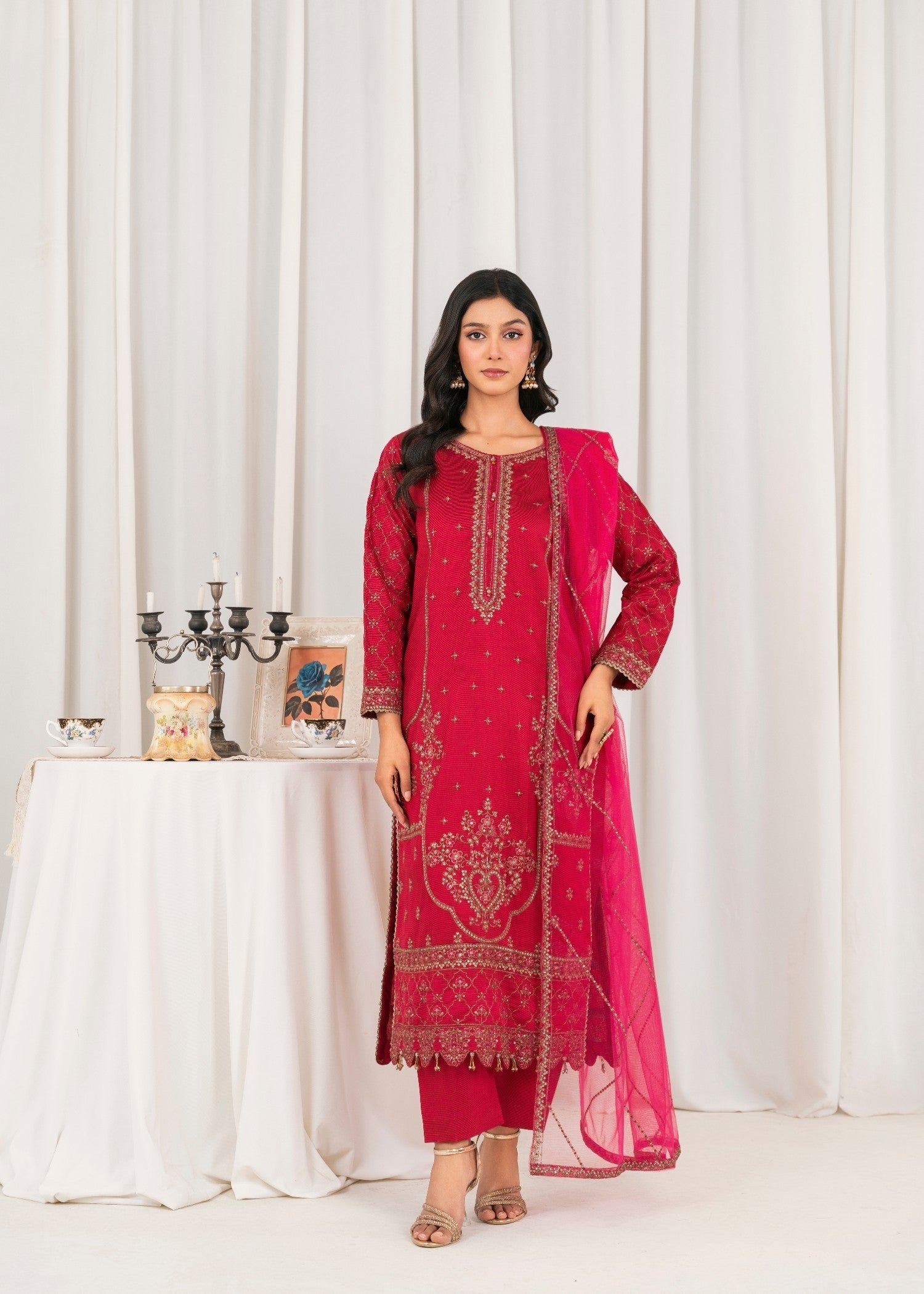 Khubsurat 4041 KH S.KTN Shocking Pink Embroidery Long Lenght Shirt Women 3pcs