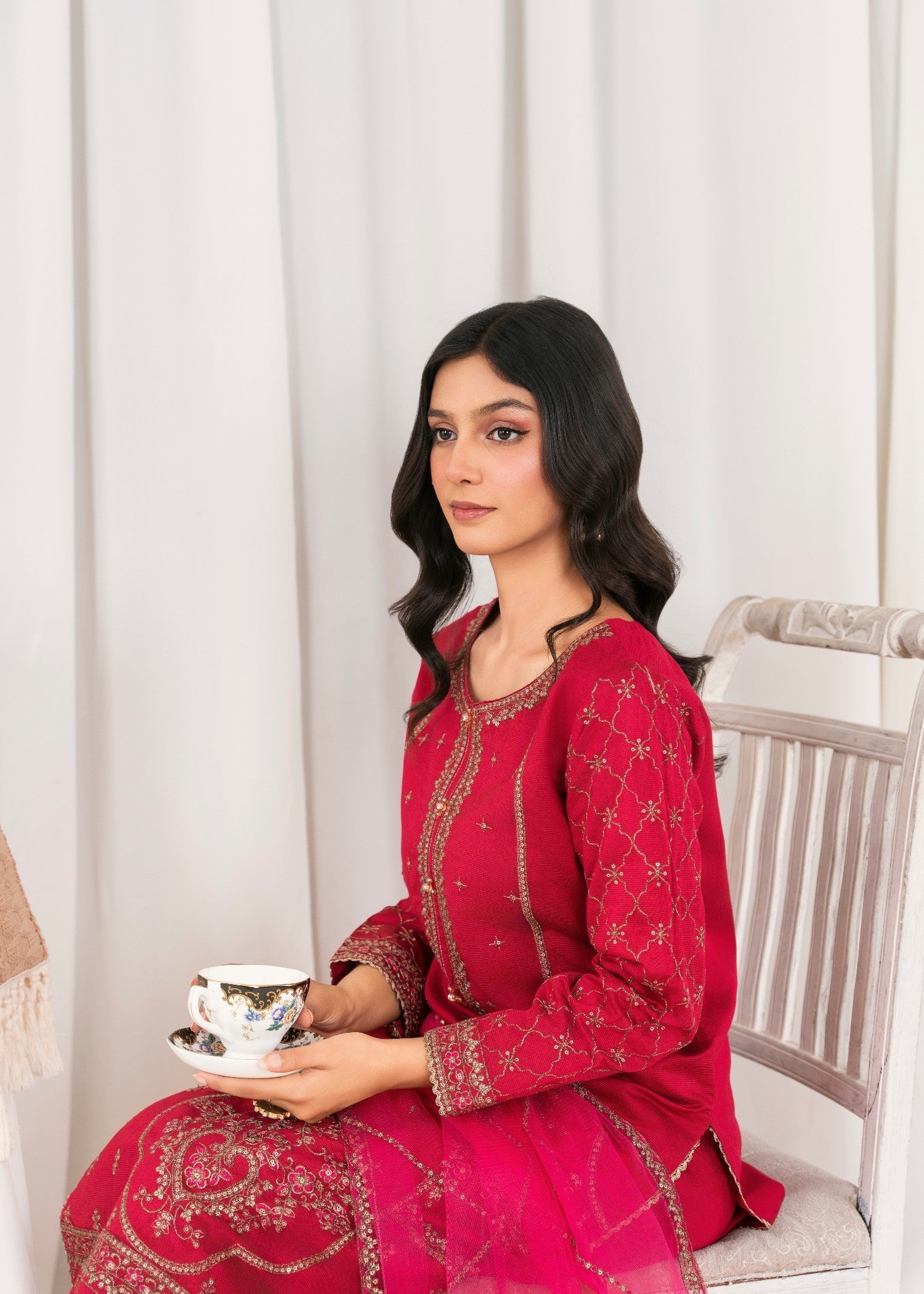 Khubsurat 4041 KH S.KTN Shocking Pink Embroidery Long Lenght Shirt Women 3pcs