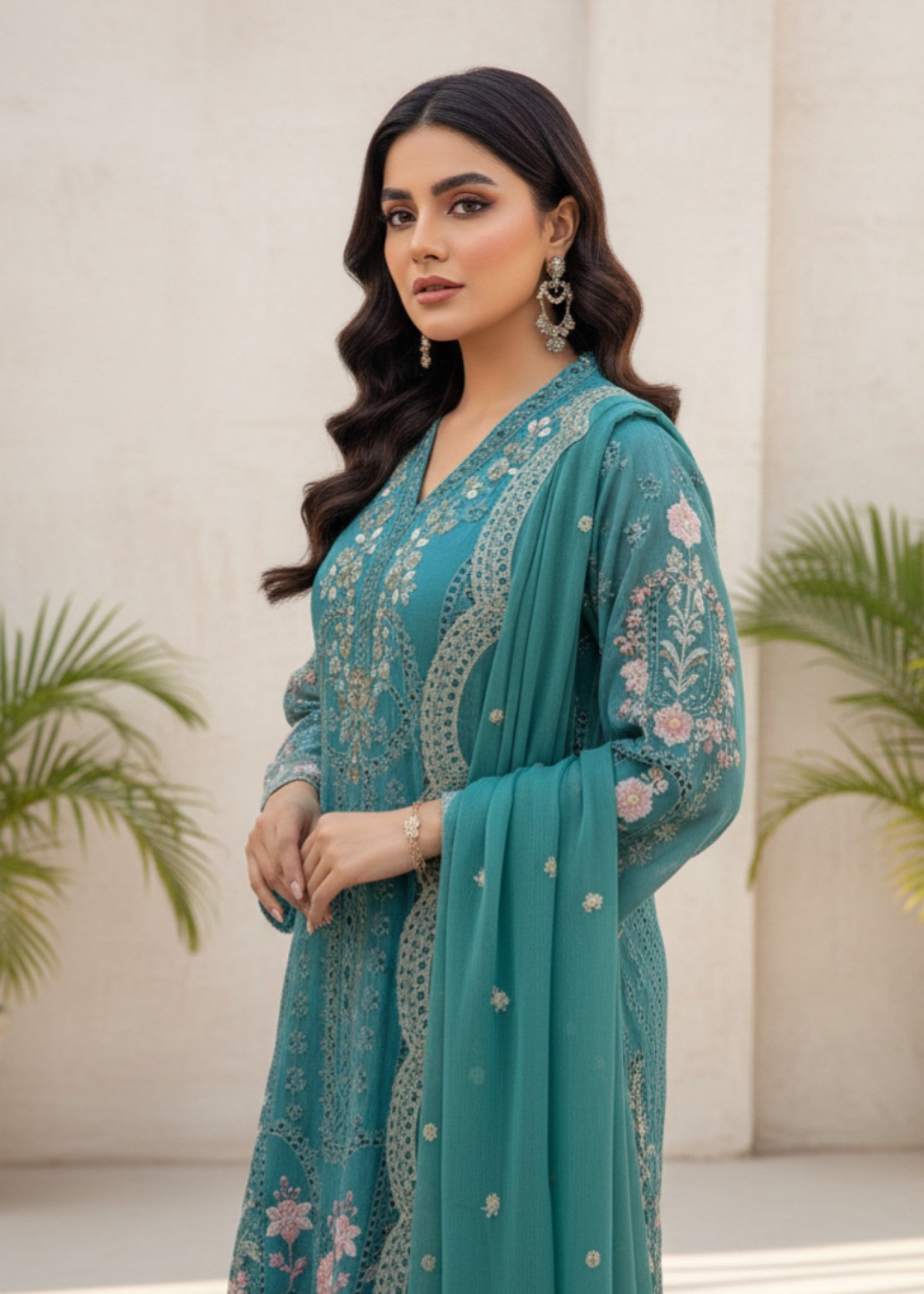 Pehnawa By Bin Akram’s Teal Glory | Chiffon Kurta Set Women 3pcs