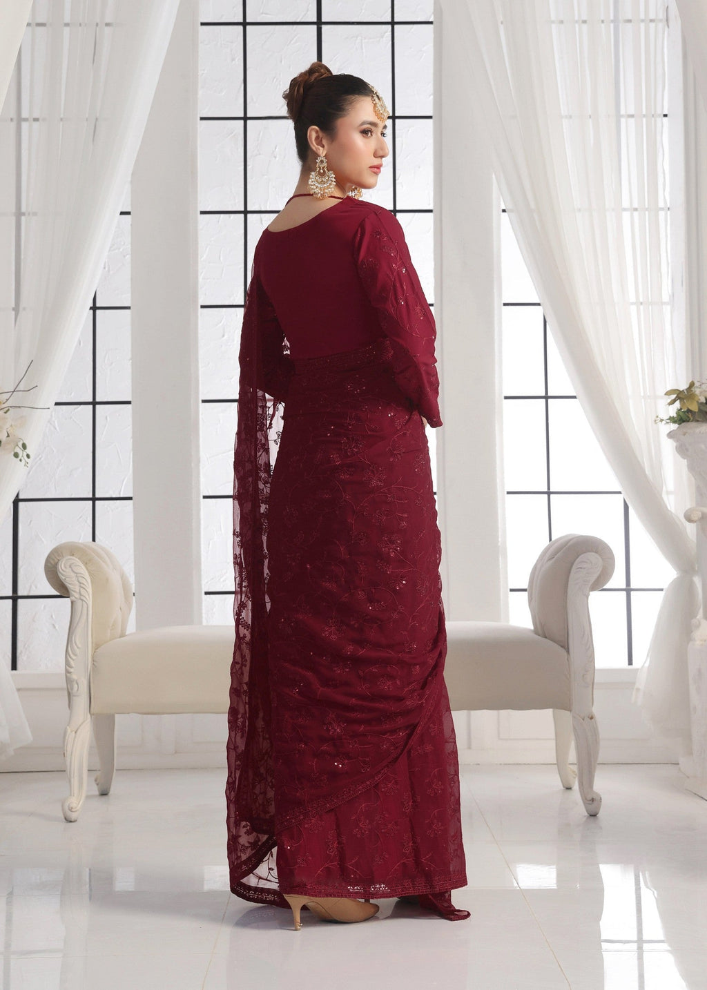 Luxeurs Maroon Chiffon Stitched Saree Women 3pcs