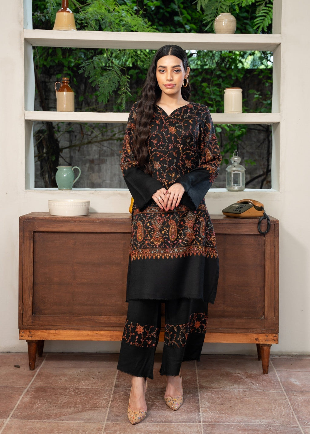 Naaz Couture Pashmina Wool Embroidered Coord Set Black Women 2pcs