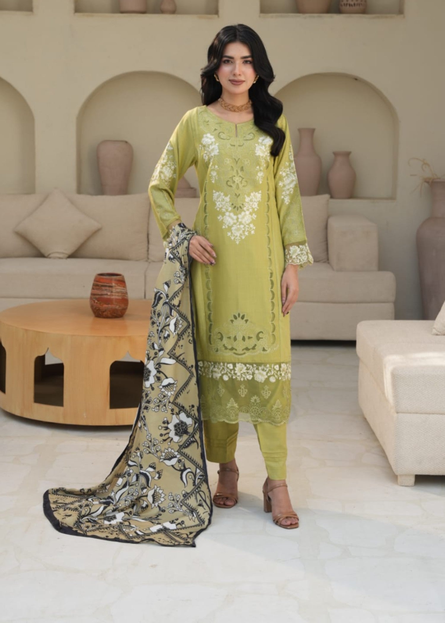 Designer Rack linen embraided olive green Women 3pcs