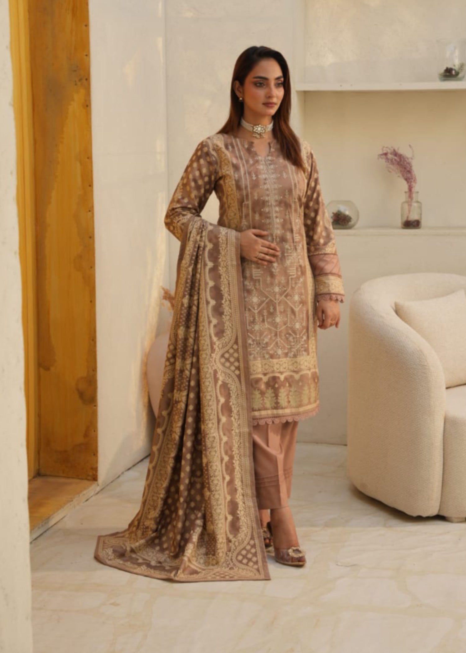 Designer Rack dhanak printed embraided tan brown Women 3pcs