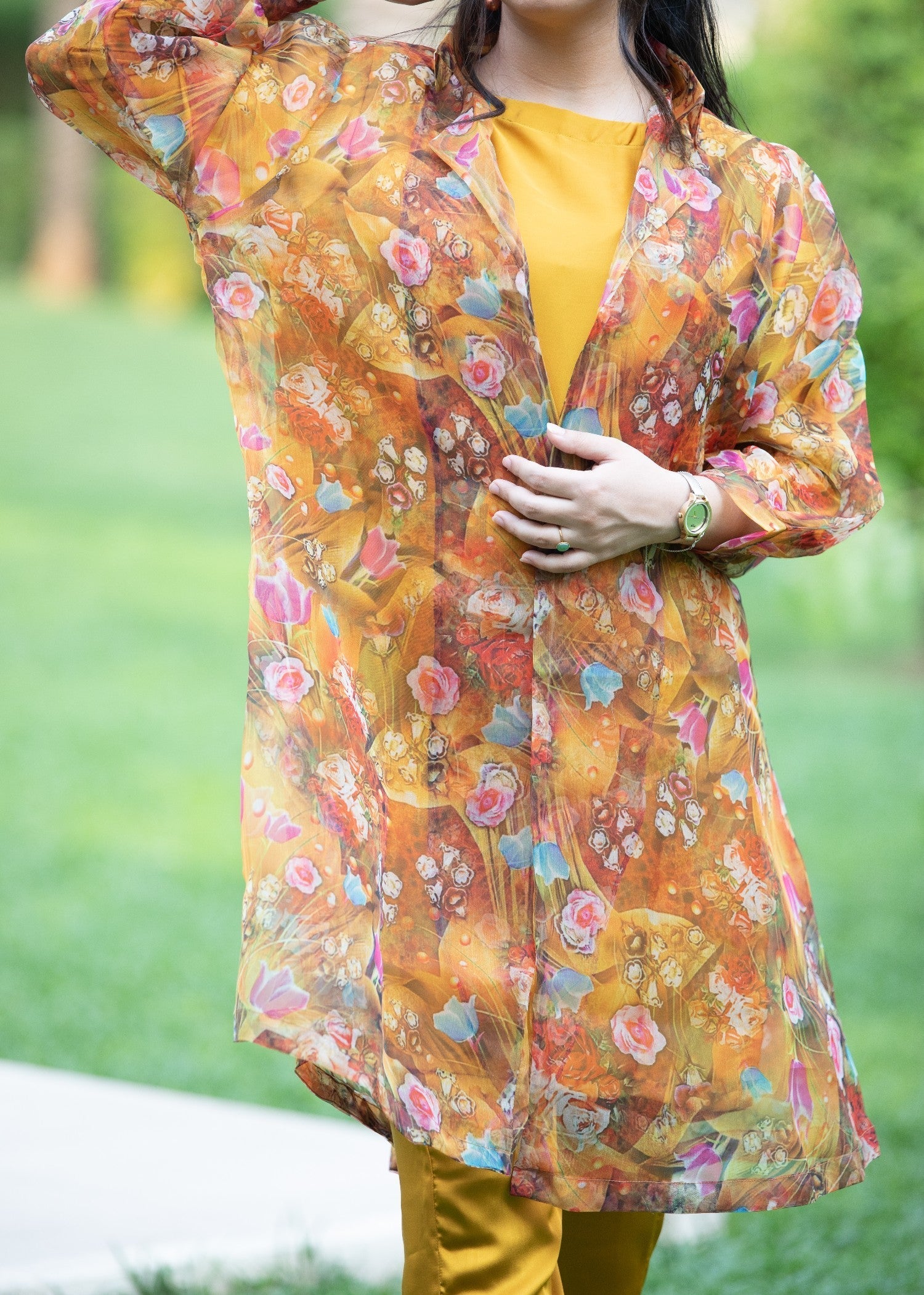 Hayati Collections Organza | Printed Gown with Inner Silk | | Mustard Brown Women 3pcs