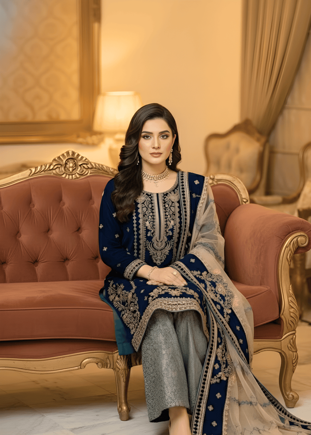 Sutar Royal Navy Embroidered Velvet Ensemble with Net Dupatta & Jamawar Bottoms Women 3pcs