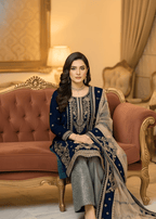 Sutar Royal Navy Embroidered Velvet Ensemble with Net Dupatta & Jamawar Bottoms Women 3pcs
