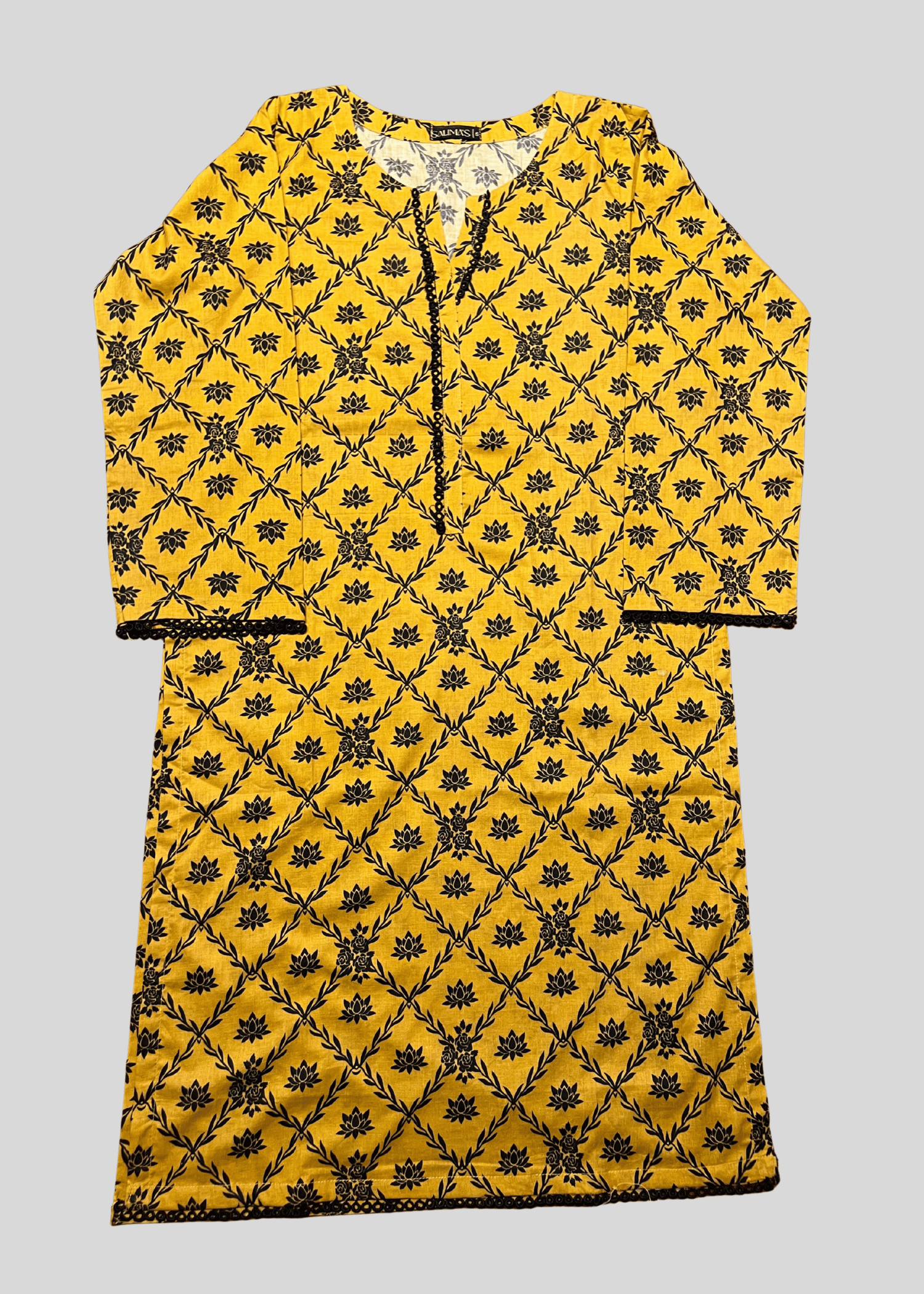 Salimas Stitched Lawn Suit – Yellow with Black Print Women 2pcs