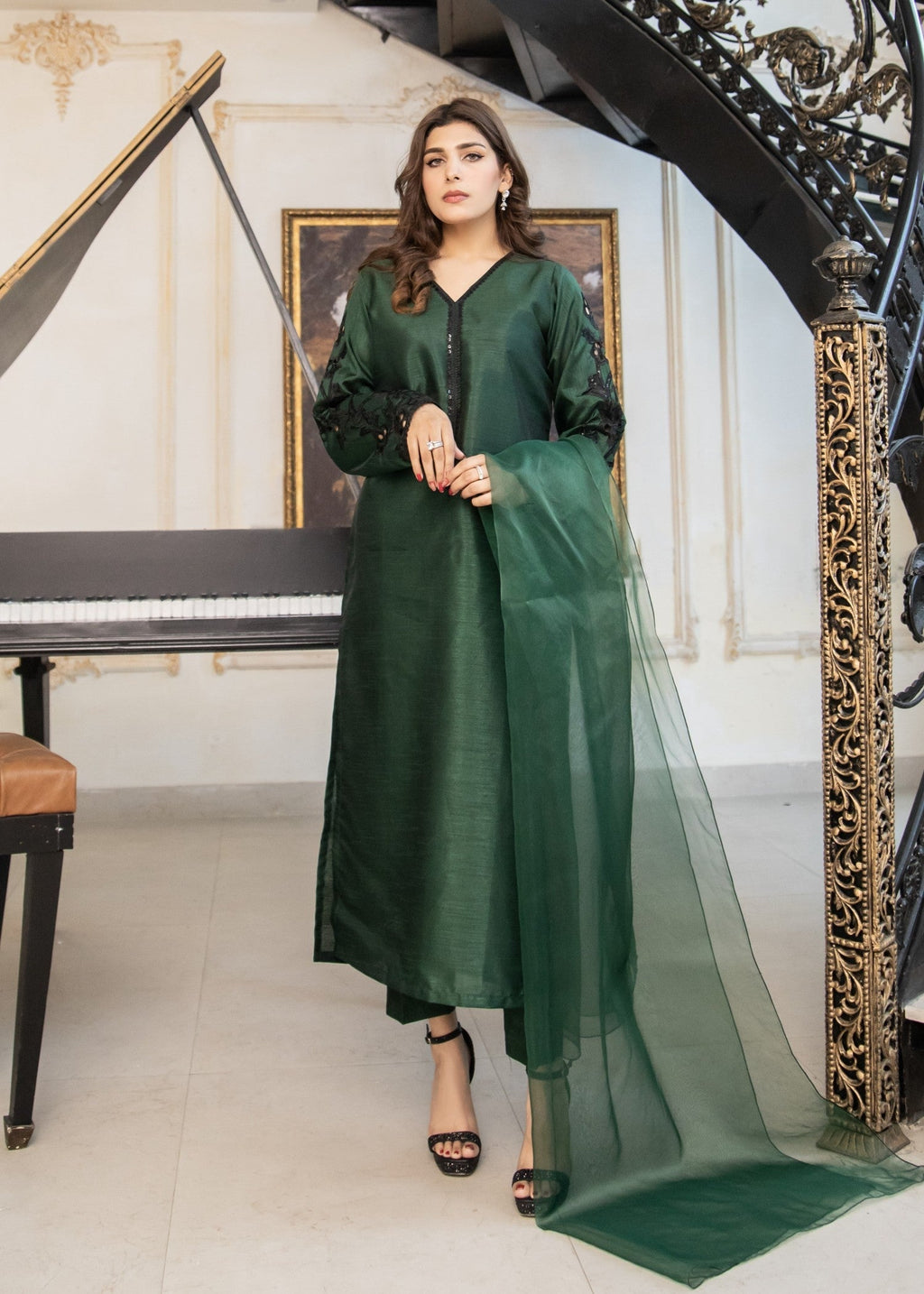Naaz Couture Bottle Green Embroidered Raw Silk Suit Women 3pcs