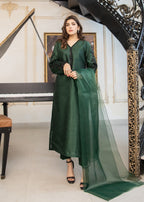 Naaz Couture Bottle Green Embroidered Raw Silk Suit Women 3pcs