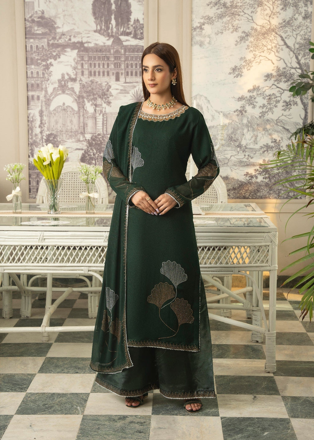 Maira Fashion Green Studded RhineStone Kurta Set Women 4pcs