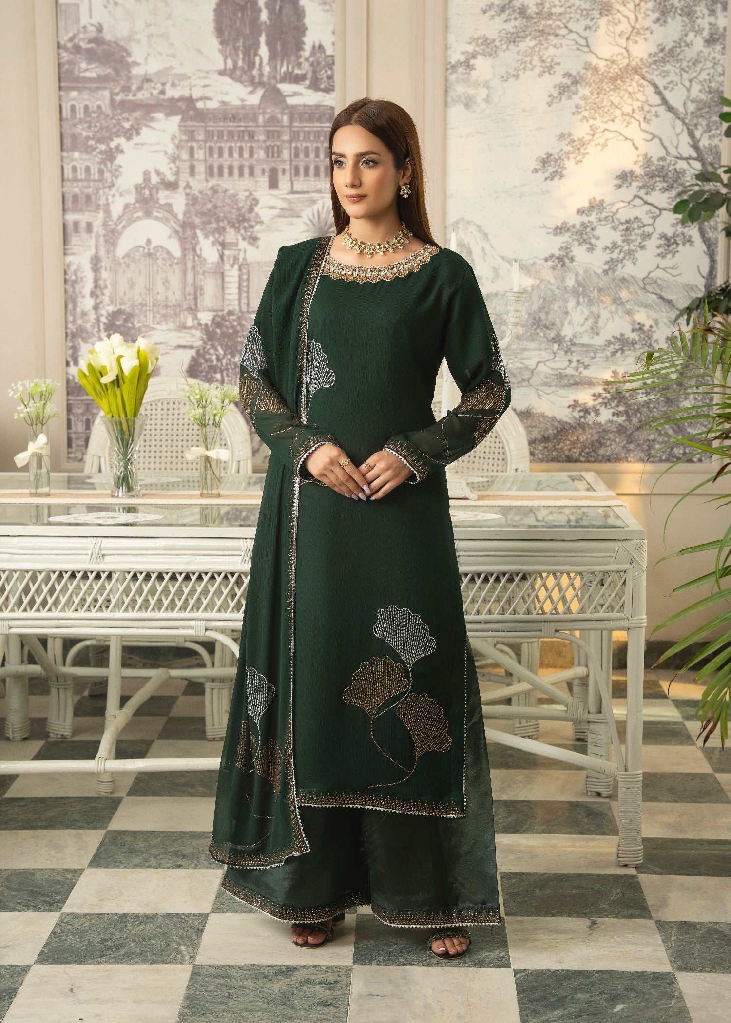 Maira Fashion Green Studded RhineStone Kurta Set Women 4pcs