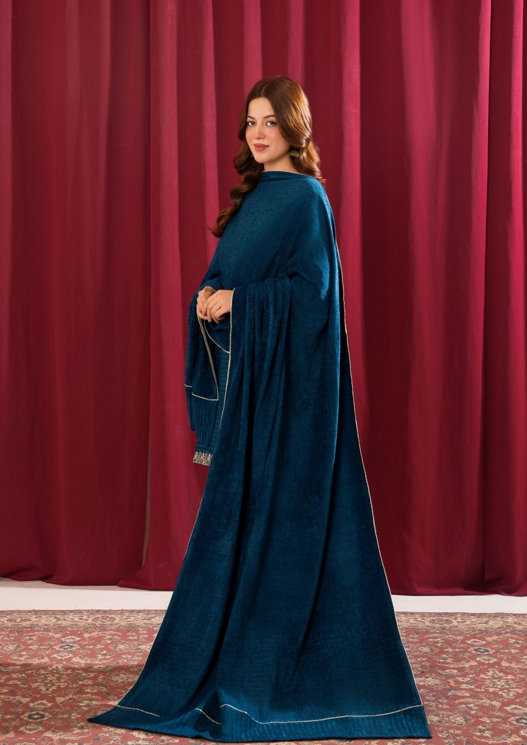 Yolo Pret Alpine Velvet Tilla Embroidered with Velvet Shawl Teal AFP A25 0001 Women 3pcs