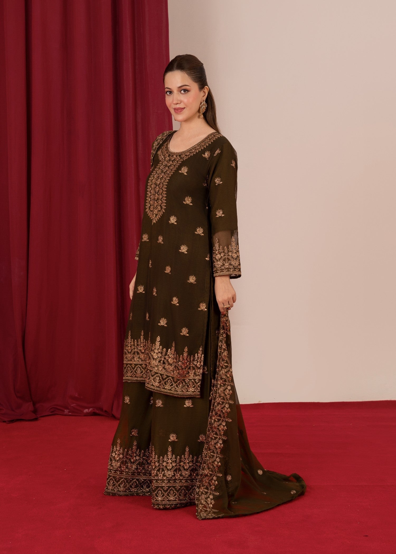 Four Season Boutique YUMNA PLAZZO OLIVE GREEN Women 3pcs