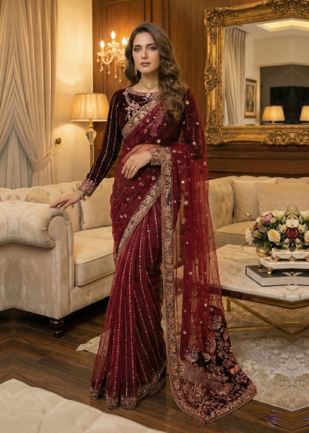 Diara Couture VELVET SAREE V 03 PLUM Women 2pcs