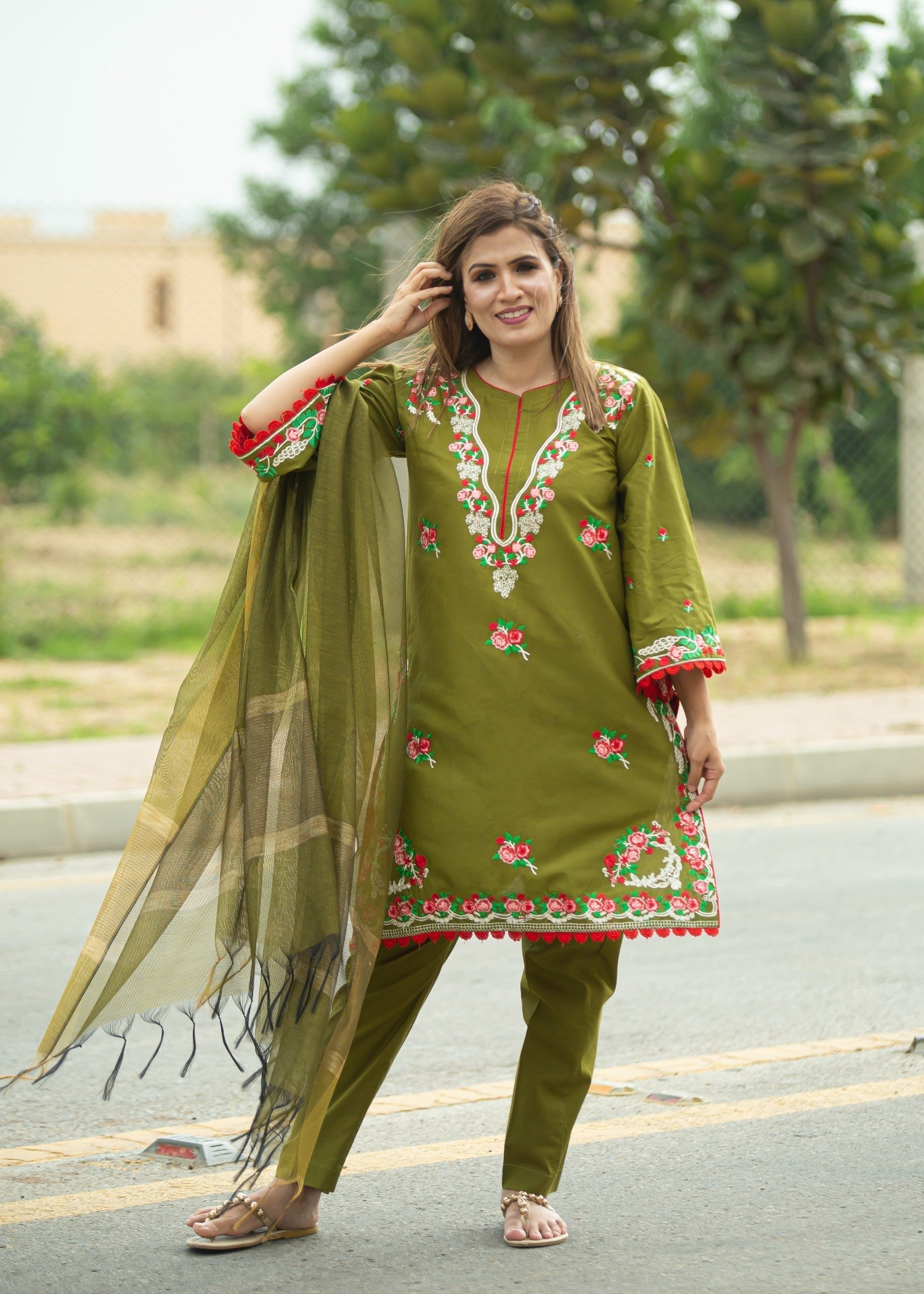 Hayati Collections Pure Cotton |Embroidery with Delicate Bead Detailing | Mehndi Green Women 3pcs