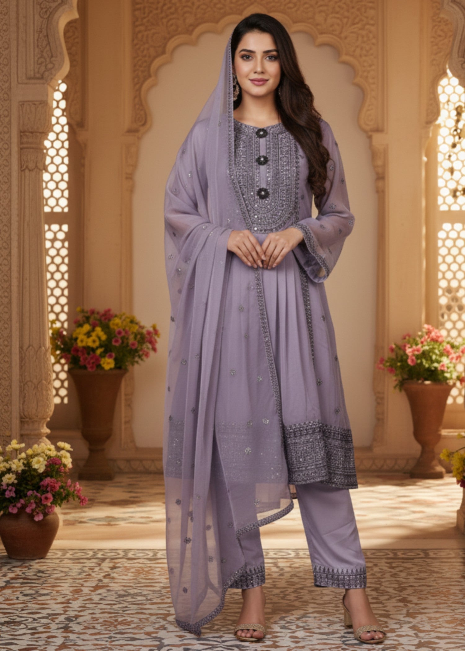 MMG Garments BALOCHI GRACE|CHIFFON EMBROIDERED PISHWAS PURPLE ASH MMG 1097 Women 3pcs