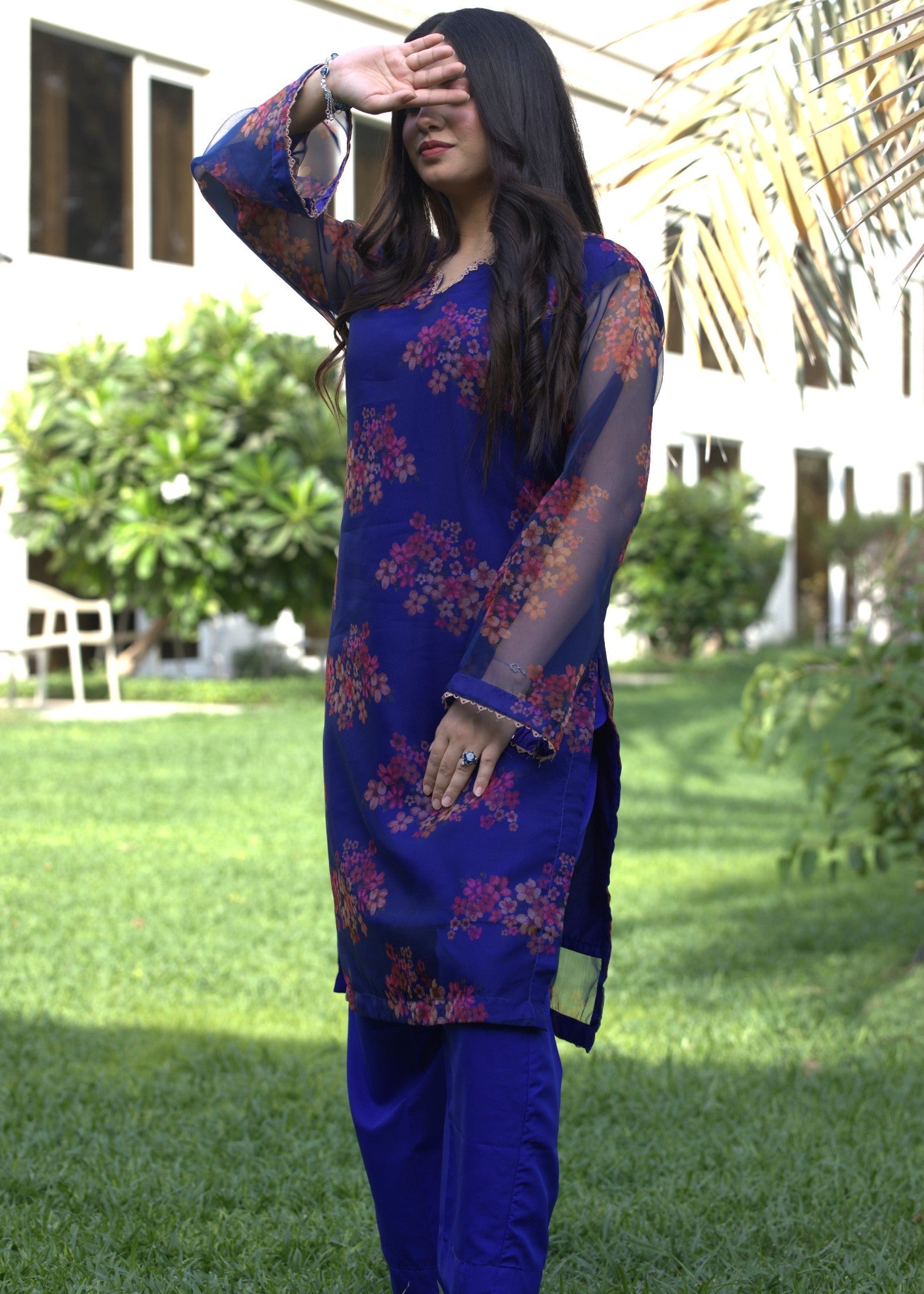 Hayati Collections Organza Printed Suit | Dark Blue Women 2pcs