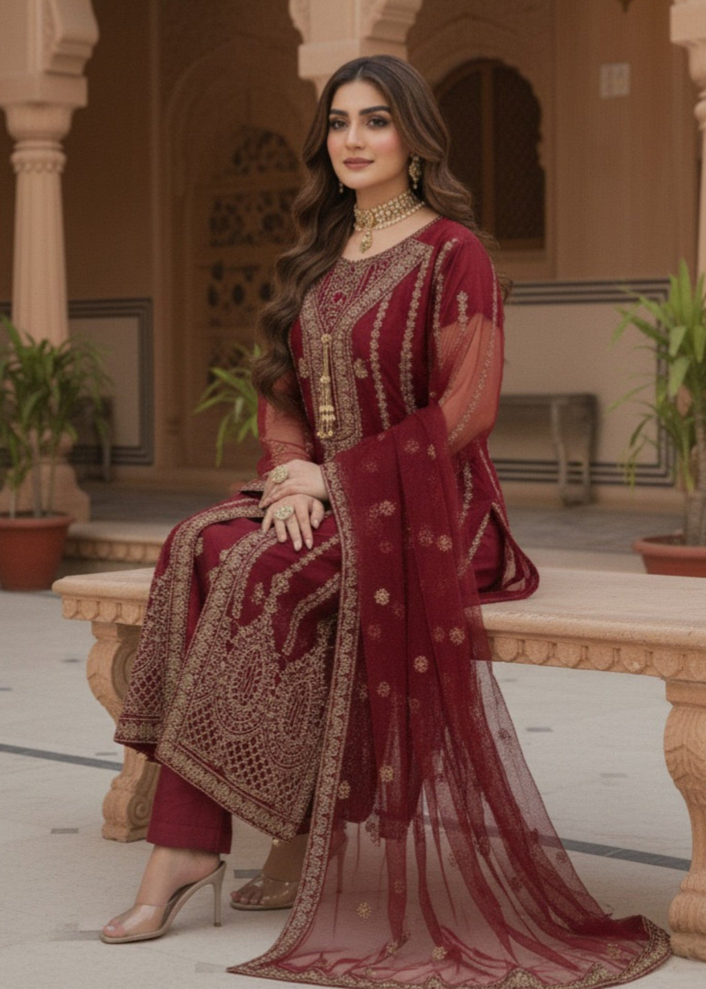 Pehnawa By Bin Akram’s Red Elegance | Net Maxi Women 4pcs