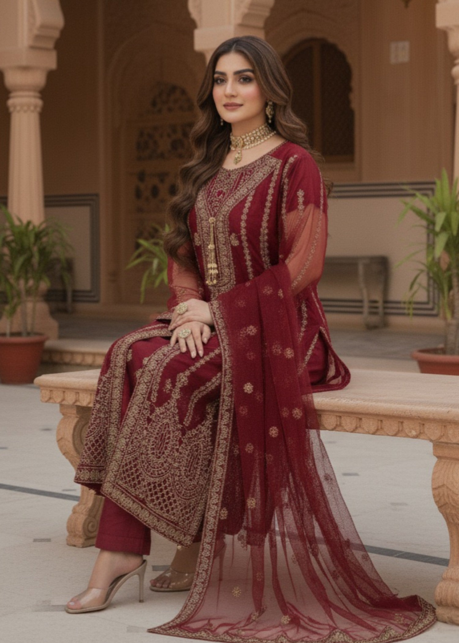 Pehnawa By Bin Akram’s Red Elegance | Net Maxi Women 4pcs