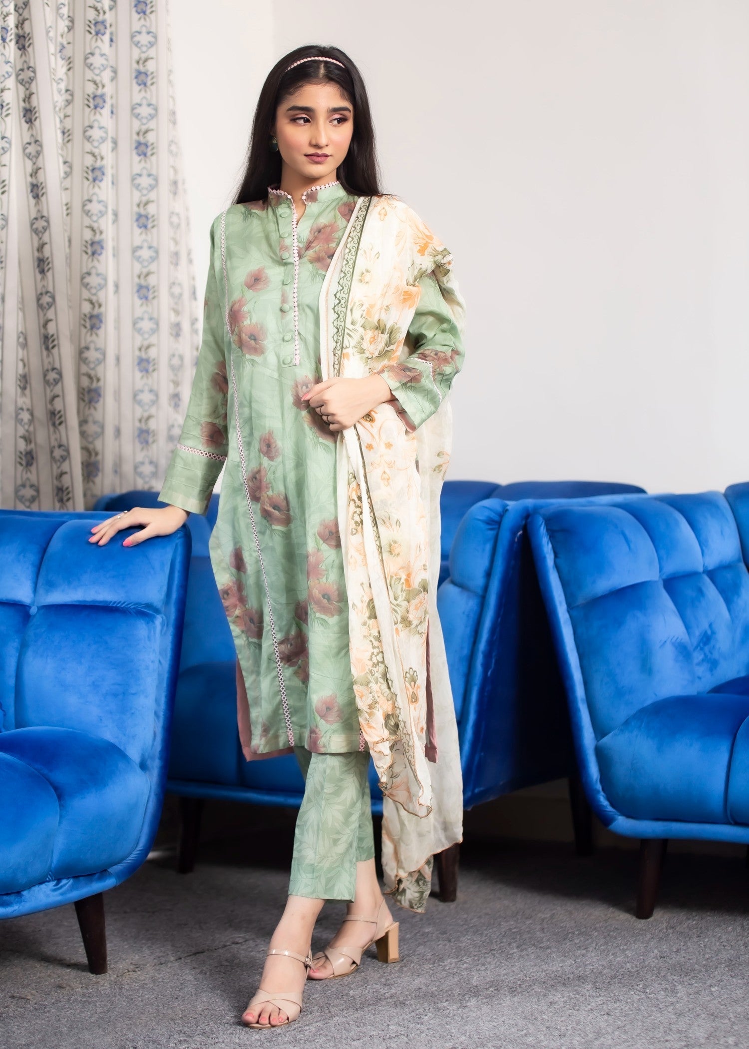 Hayati Collections Lawn | with Chiffon Dupatta | Tea Green Women 3pcs