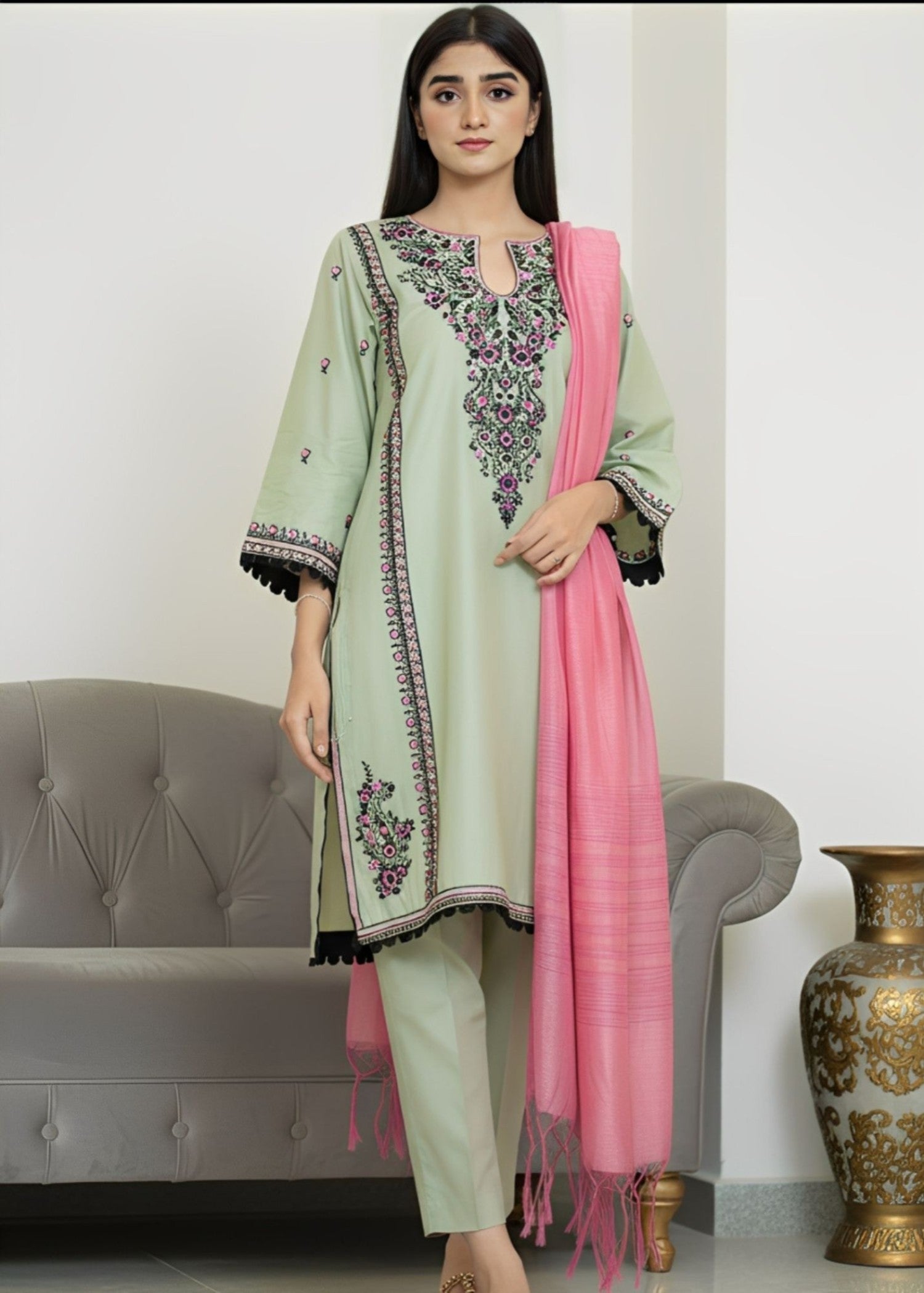 Hayati Collections Pure Cotton |Embroidery with Delicate Bead Detailing | Pista Green Women 3pcs