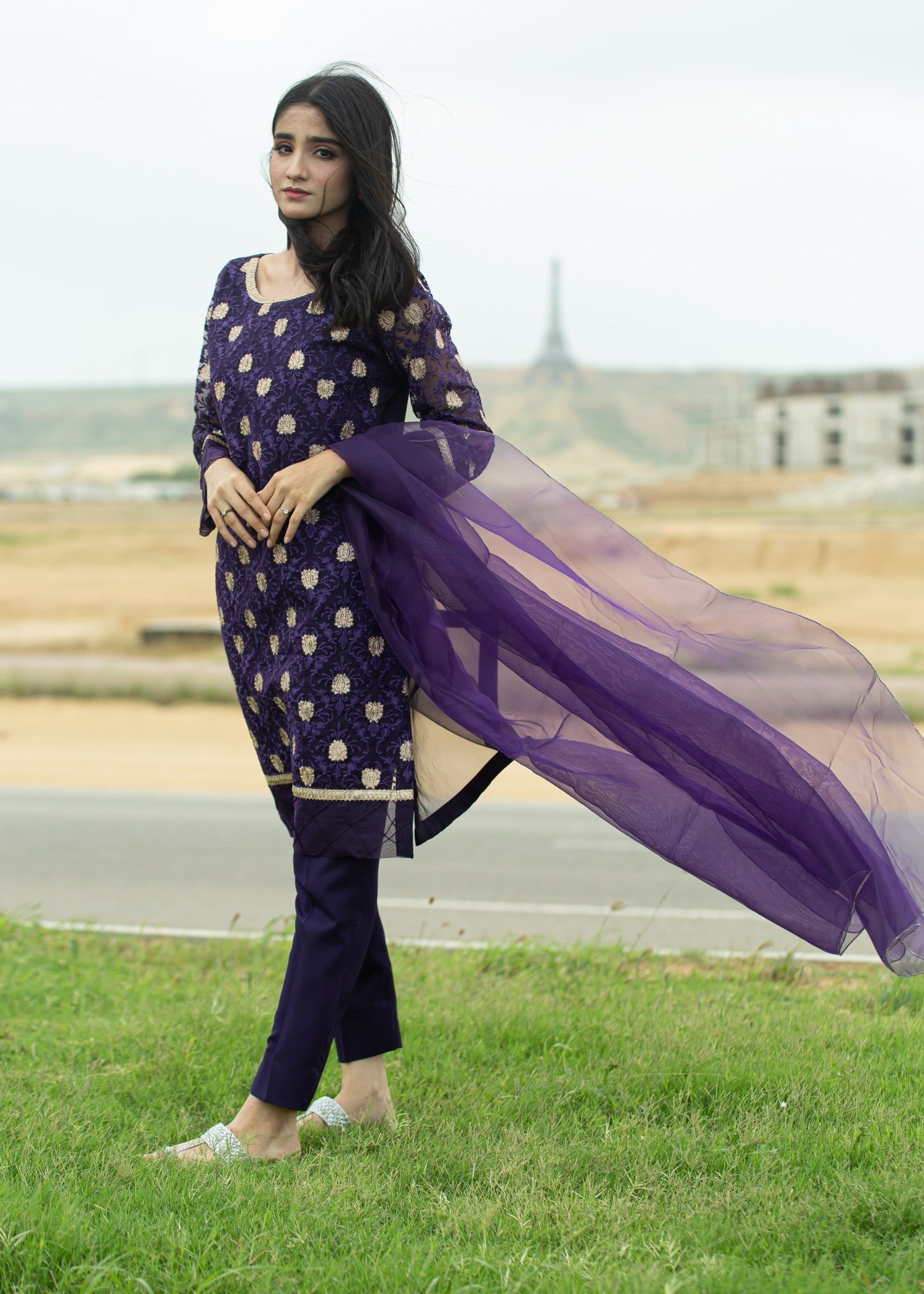 Hayati Collections Organza Suit – Embroidered | Purple Women 3pcs