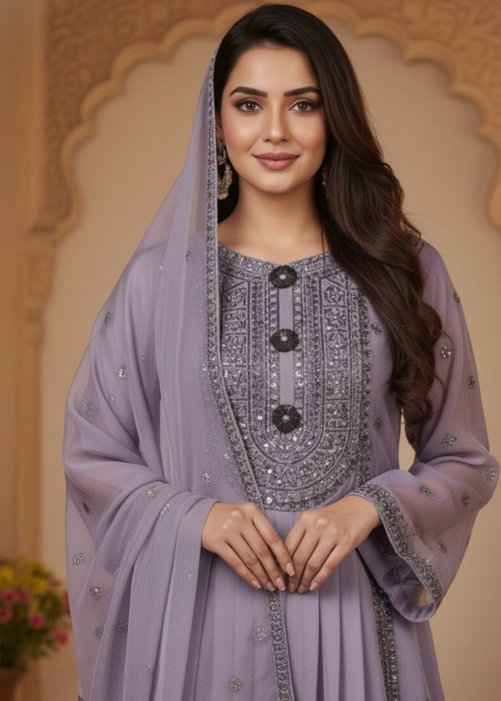 MMG Garments BALOCHI GRACE|CHIFFON EMBROIDERED PISHWAS PURPLE ASH MMG 1097 Women 3pcs