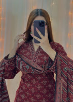 Gulposh Ajrak Mehroon (Digital Printed with Farshi Shalwar) Women 3pcs