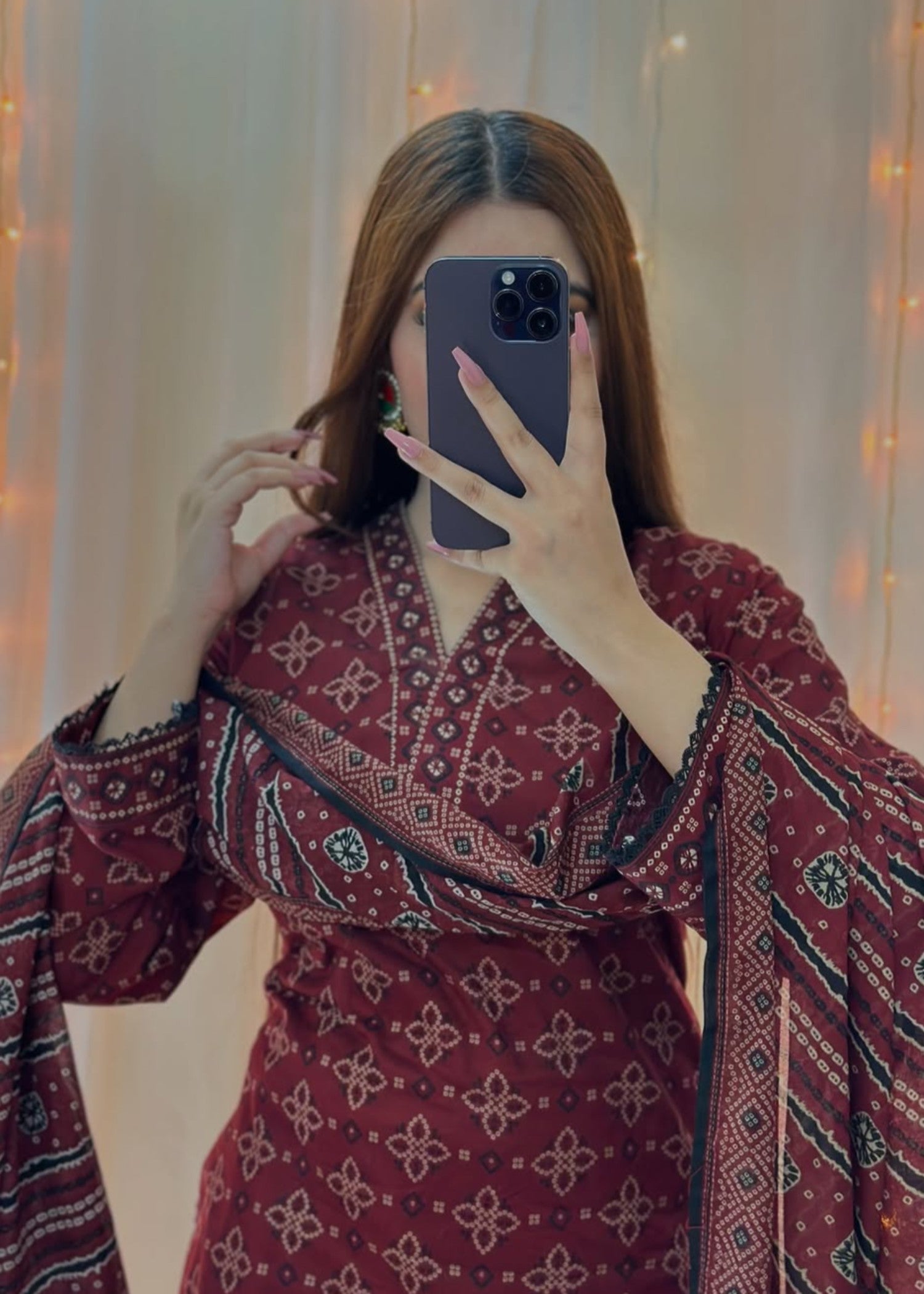 Gulposh Ajrak Mehroon (Digital Printed with Farshi Shalwar) Women 3pcs