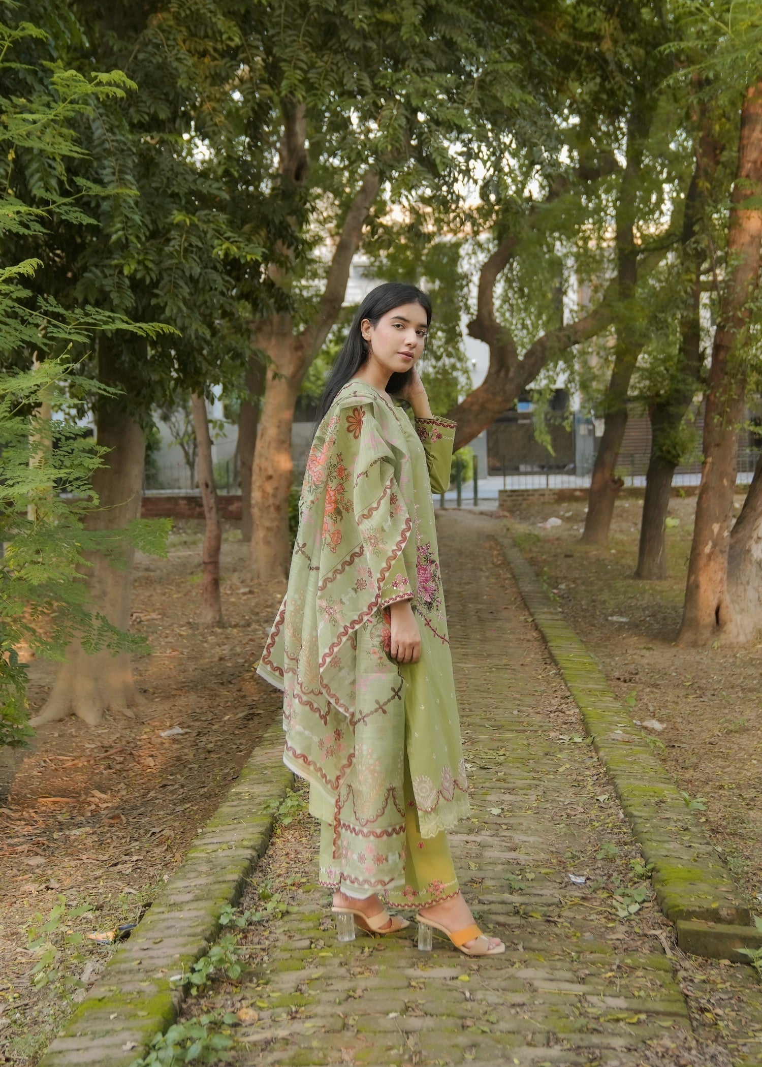 Attirepret Pista Green Floral Embroidered Cotton Women 3pcs