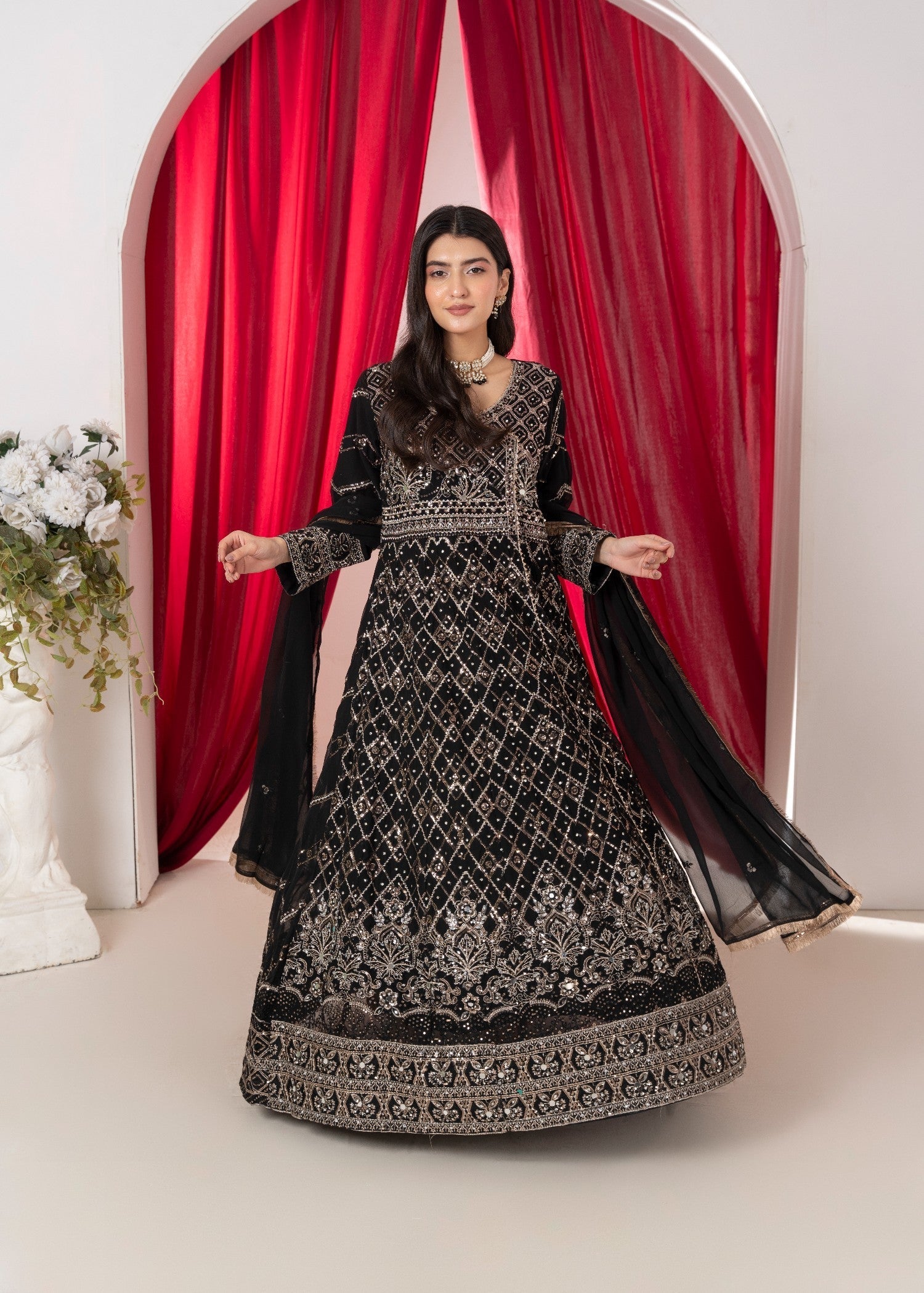 Hkb Officials Ameera Velour Black Chiffon Angarkha Mirror Maxi Women 3pcs